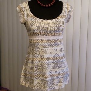 Peasant Cap Sleeve Floral Line Print Casual Top